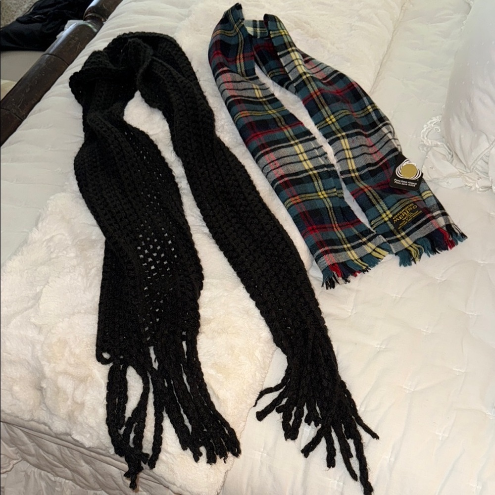 Black Knit Scarf and Plaid Fringe Scarf